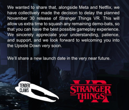 Tender Claws宣布《怪奇物语 VR》发售延期